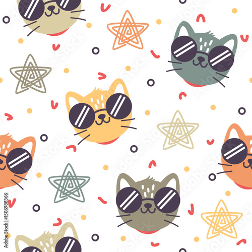 Cute cat with glasses hand drawn, seamless vector design for print on textile, wrapping, backdrop and other uses.