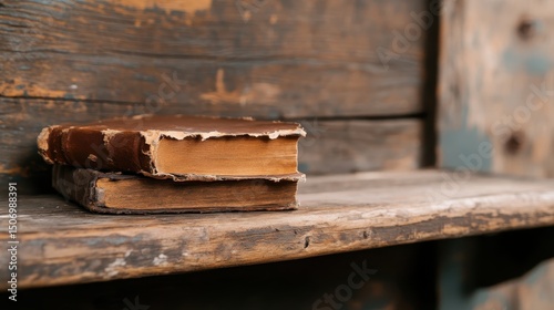 A close-up of two aged, vintage books with well-worn covers resting on a rustic wooden shelf, evoking nostalgia and the charm of timeless literature.