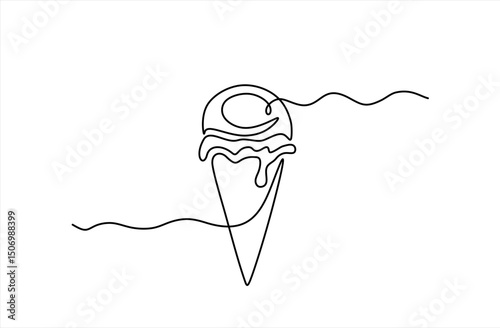 Ice cream in waffle cone in one continuous line drawing. Symbol dessert gelato for menu and business card design in simple linear style. Editable stroke. Doodle contour vector illustration	