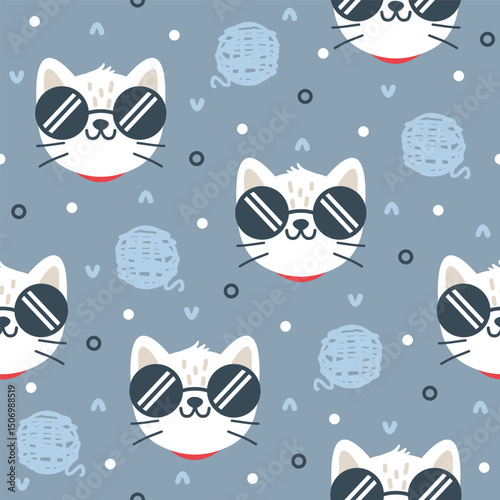 Cute kitten with glasses hand drawn, seamless vector design for print on textile, wrapping, backdrop and other uses.