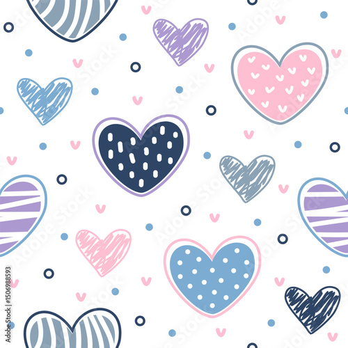 Hearts hand drawn, seamless vector design for print on textile, wrapping, backdrop and other uses.