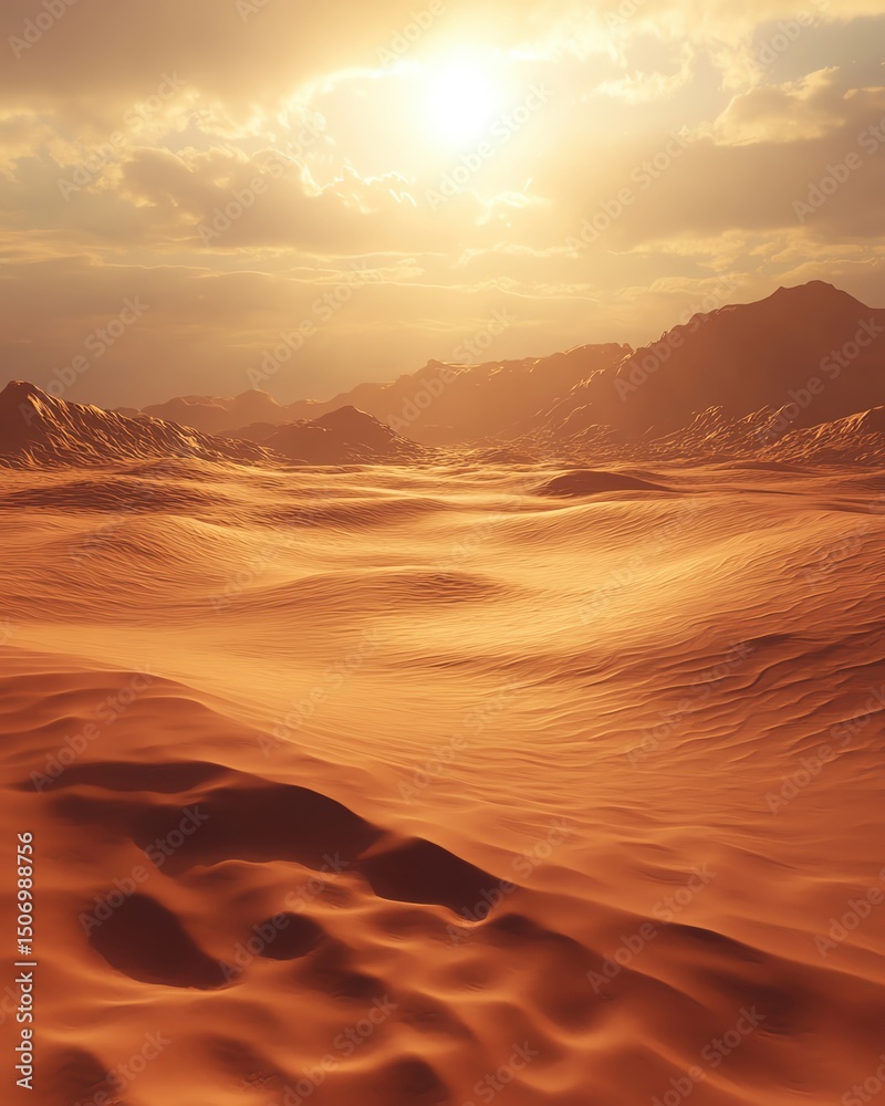 Naklejka premium Vast desert landscape under a golden sunset.