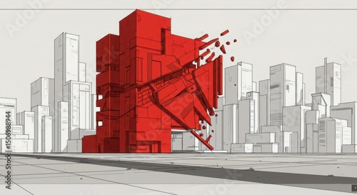 Red cube explodes amidst monochrome city