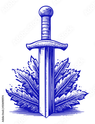 Detailed Engraving of a Sword Surrounded by Decorative Leaves Design
