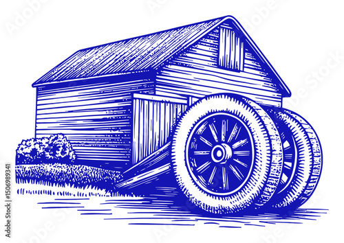 Rustic Barn with Wagon Wheels Engraving in Vintage Linocut Style