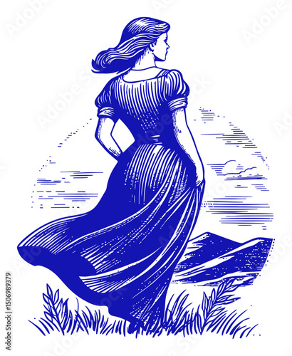Elegant Woman Stands in Nature with Wind Blowing Her Dress