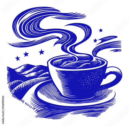 Black and White Engraving of Coffee Cup with Steaming Aroma and Stars