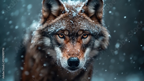 A majestic wolf surrounded by falling snowflakes in a serene forest embodies raw wilderness and strength, illustrating the profound beauty of nature.