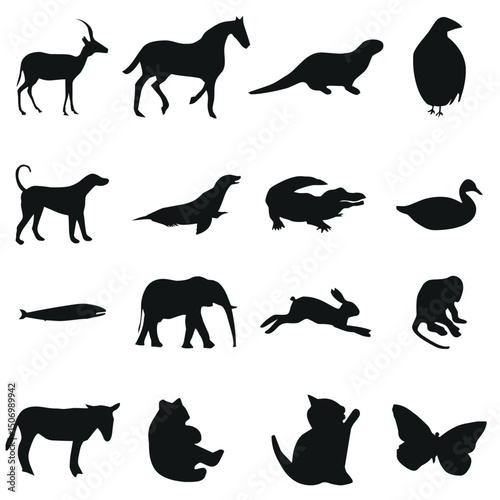 Collection of diverse animal silhouettes on white background