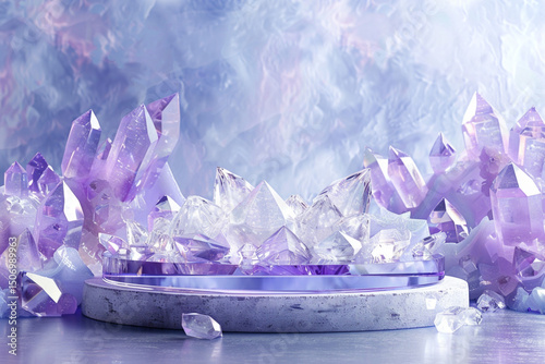Podium ice crystal stand with diamond stage gems on a white abstract pedestal decorated with purple luxury sapphire cosmetics.