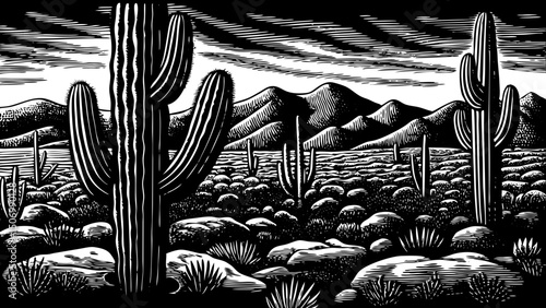 Desert landscape with cacti and rocky mountains black and white isolated hand drawn sketch	