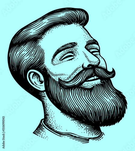 Vintage Style Engraving of a Bearded Man with Mustache and Joyful Expression