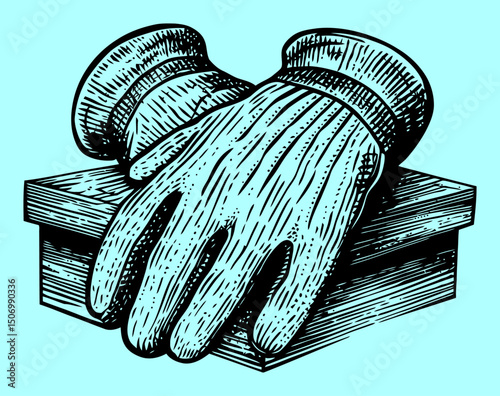 Vintage Engraving of Gloves on a Wooden Box in Black and White Style