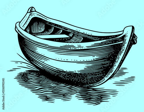 Detailed Engraving of a Vintage Rowboat in Black and White Style