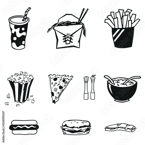 A collection of hand-drawn black and white icons representing various fast food items and drinks.