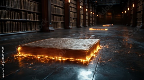 An enchanting scene featuring a mystical book radiating light in a shadowy library, stirring imagination and evoking a sense of wonder.