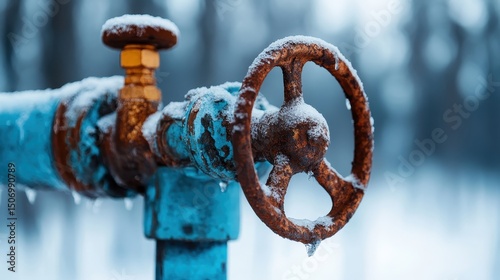 A close-up of a weathered water pipe with an ice-covered valve, illustrating the effects of cold winter weather and the passage of time on industrial structures and utilities.