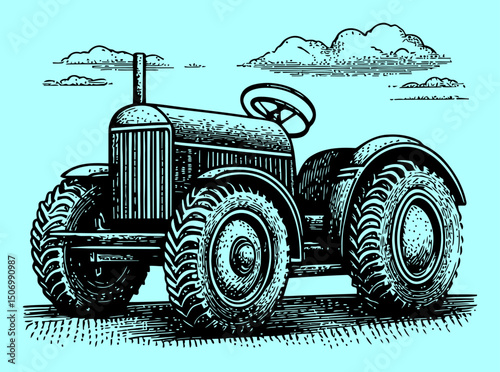Vintage Tractor Engraving in Black and White Artistic Style