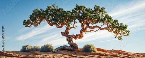 Juniper tree with unique twisted branches against a desert backdrop