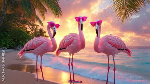 three pink flamingos stand on the ocean shore, surf rolls waves onto the shore, at sunset on a tropical island,