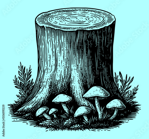 Detailed Engraving of Tree Stump with Mushrooms and Foliage Design