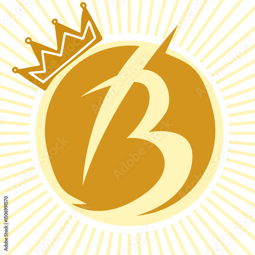 B letter (best seller) product vector icon; golden color modern sign; transparent (white) background; hi-res design with crown and sunbeams symbol