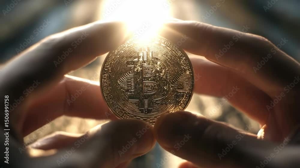 In men's hands, bitcoin is illuminated by the sun's rays. 