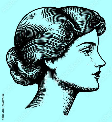 Vintage Woman Portrait Engraving in Profile View for Artistic Projects