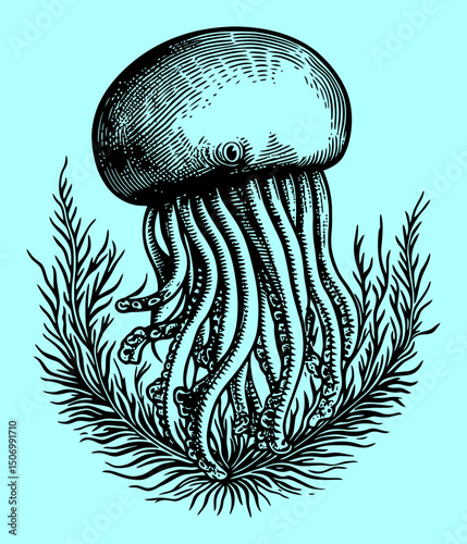 Elegant Engraved Jellyfish Illustration with Intricate Details