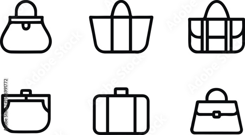 Minimal Line Icons of Handbags and Travel Bags – Fashion and Luggage Vector Set.