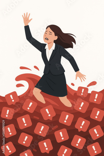Overwhelmed businesswoman drowning in notification overload digital stress burnout concept. Professional woman struggling with information flood technology anxiety mental health crisis