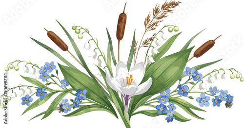 Delicate forget-me-nots, white crocuses, lilies of the valley, forest greenery and dried herbs. Watercolor botanical composition for spring holidays, wedding invitations, cards, branding