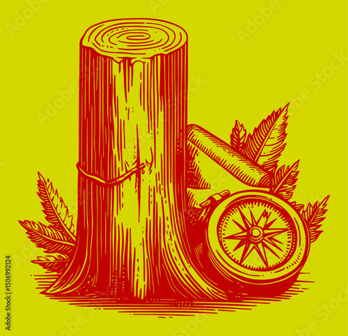 Vintage Engraving of a Tree Stump with Compass and Ferns Illustration