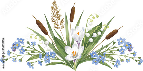Delicate forget-me-nots, white crocuses, lilies of the valley, forest greenery and dried herbs. Watercolor botanical composition for spring holidays, wedding invitations, cards, branding