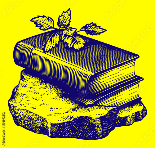 Vintage Engraving of Book with Leaf on Stone Background Design