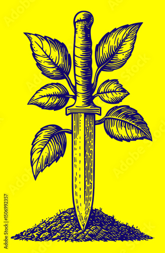 Exquisite Engraving of Dagger Emerging from Earth Surrounded by Leaves