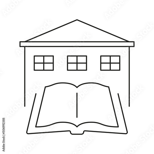 Library With Open Book Line Icon. Knowledge, Education, And Learning Center Outline Symbol. Academic Resource, Information Access, And Study Facility. Editable Stroke. Isolated Vector Illustration