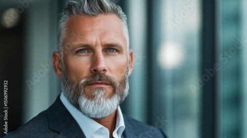 A portrait of a mature, confident man with a stylish beard and gray hair, embodying wisdom and experience in a professional setting that resonates with leadership.