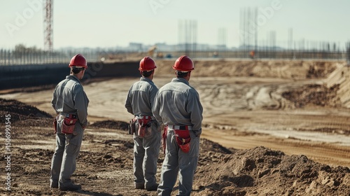  three construction workers wearing gray safety uniforms and red hard hats, standing on a dirt-covered, empty construction site
