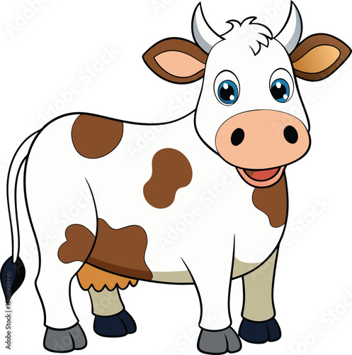 Adorable Cartoon Cow standing on isolated white background with Brown Spots Illustration vector.