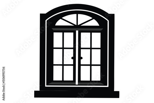 Black Window with Arched Top, Divided Glass Panes, and Small Door Handles Illustration