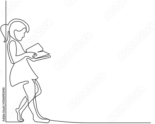 Girl Reading Book Line Art, Education Learning Study Graphic