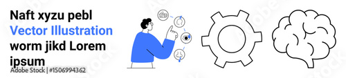 Individual points to circular icons, flanked by a gear and brain shape. Ideal for tech, brainstorming, creativity, workflow, cognitive science, problem-solving, and simple landing page