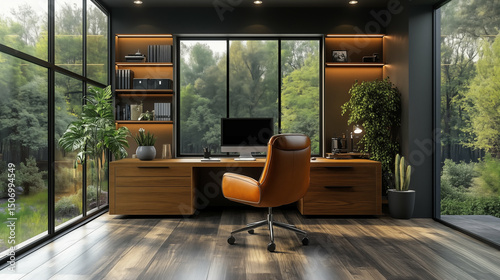 Modern home office workspace with wooden desk setup featuring computer monitor and ergonomic chair overlooking lush green forest view
