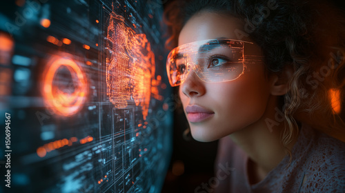 Woman wearing futuristic smart glasses with holographic interface display exploring digital augmented reality technology in urban environment