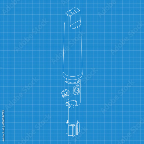 Mechanical engineering drawings. Tap tools, borer. Technical Design. Cover. Blueprint. Step Cutting Tool with Countersinking Function. Technical 3D Vector Illustration