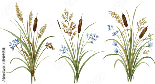 A set of isolated illustrations of wild bouquets of different herbs. Watercolor set painted in natural tones. Suitable for eco-branding, packaging, greeting cards, wedding designs and botanical print