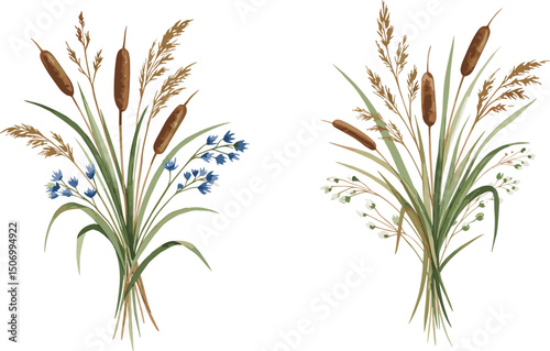 A set of isolated illustrations of wild bouquets of different herbs. Watercolor set painted in natural tones. Suitable for eco-branding, packaging, greeting cards, wedding designs and botanical print