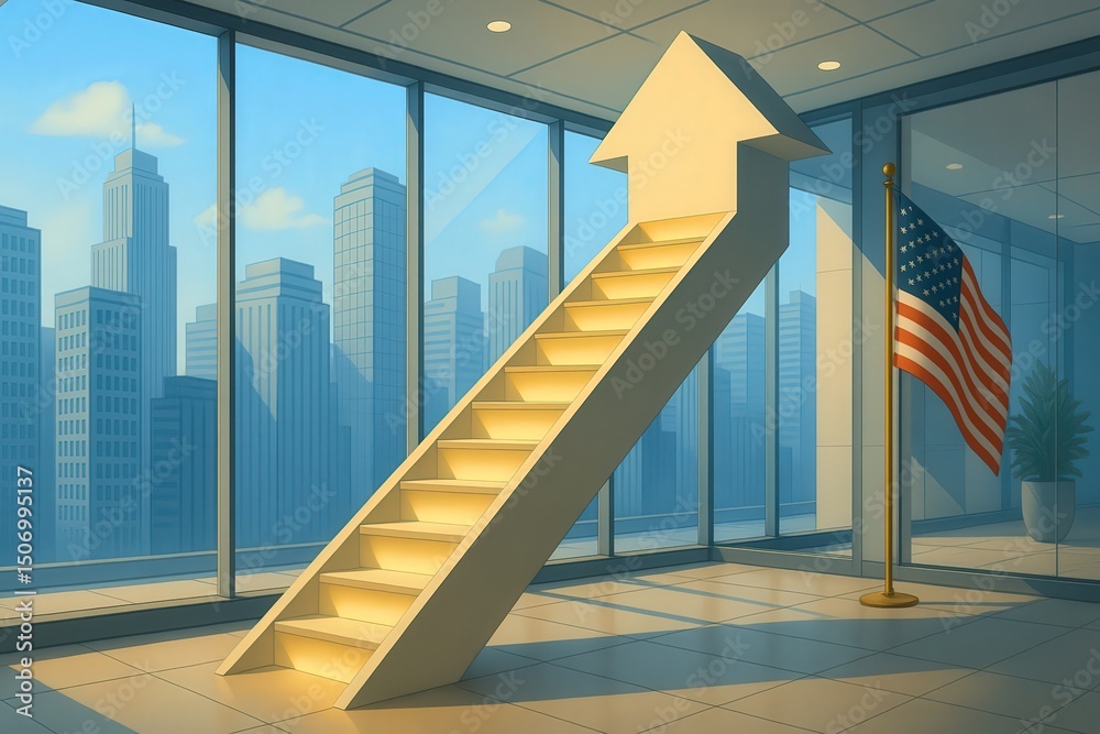 Obraz premium Upward Arrow Staircase in Office with American Flag and City View