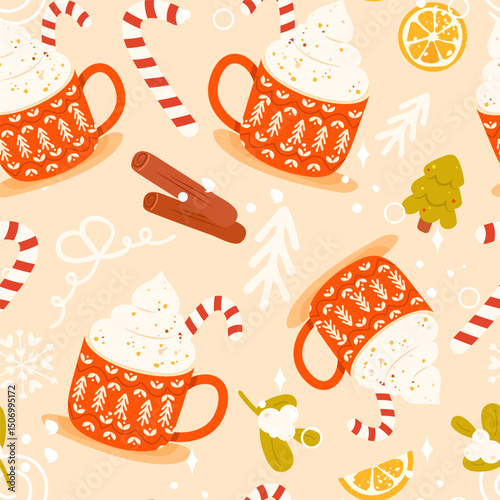 Cozy Christmas seamless pattern with candy cane, Christmas tree, mistletoe, coffee mug, cinnamon sticks, bow, orange fruit. Perfect for gift wrapping paper, packaging design, background, wallpaper etc